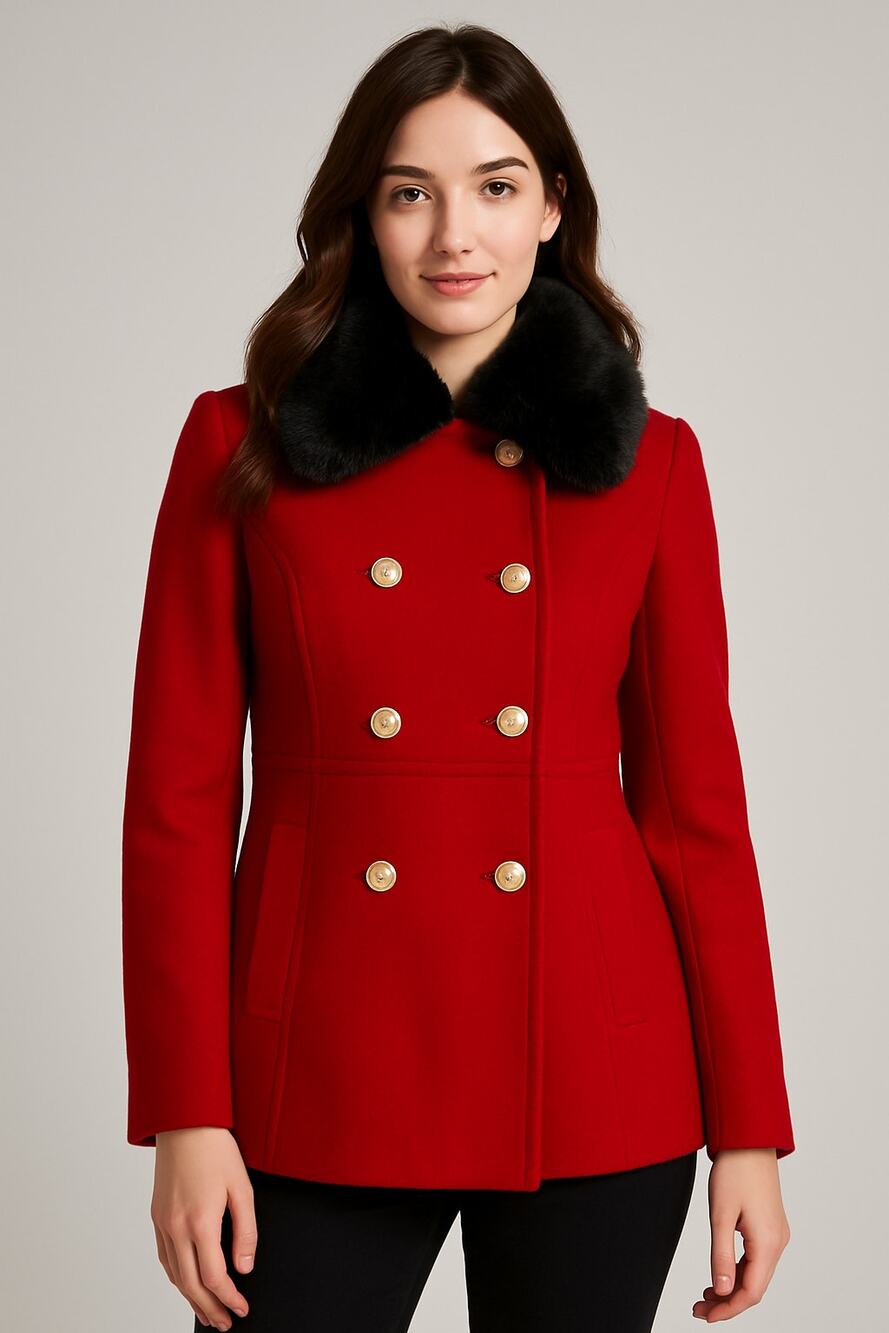 Vtg Express Red Outdoor Black Removal Fur Collar Classic Winter Peacoat Jacket S